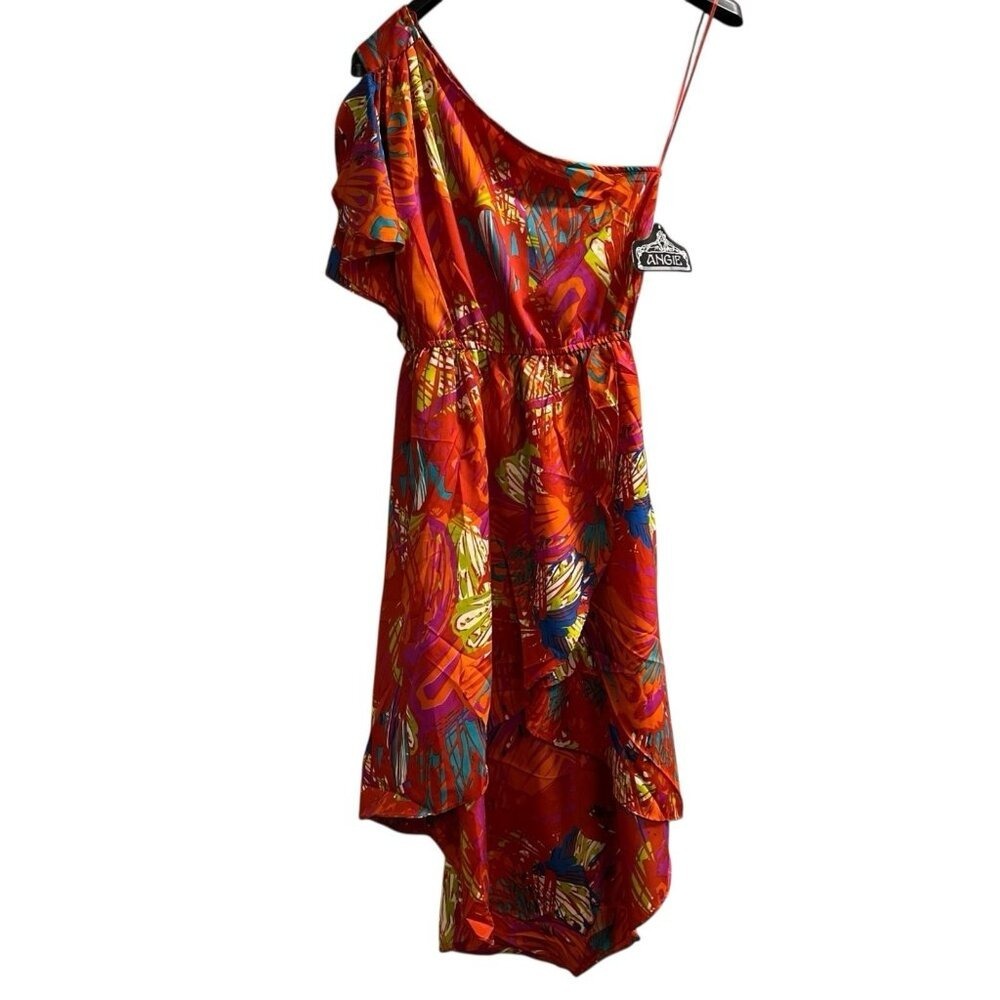 Angie Dress Orange Tropical Satin One Shoulder High Low Mini Size S Vacation